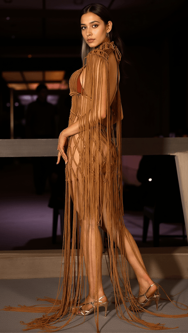 AIIZIE VALLELLIS BOHEMIAN BROWN BRAIDED FRINGE COVER UP DRESS - product image