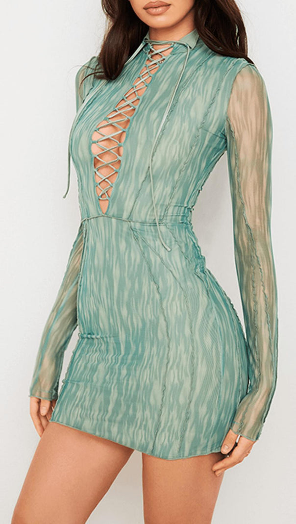 AIIZIE PRINTED MESH LACE UP MINI DRESS - product image