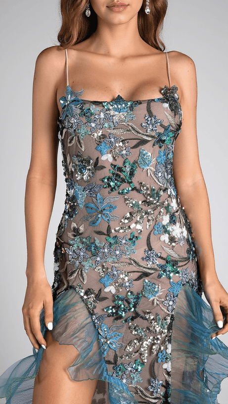 CELESTE FLORAL SEQUIN EMBROIDERED RUFFLE DRESS