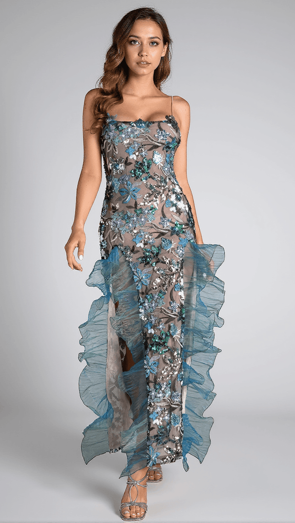 AIIZIE CELESTE FLORAL SEQUIN EMBROIDERED RUFFLE DRESS - product image
