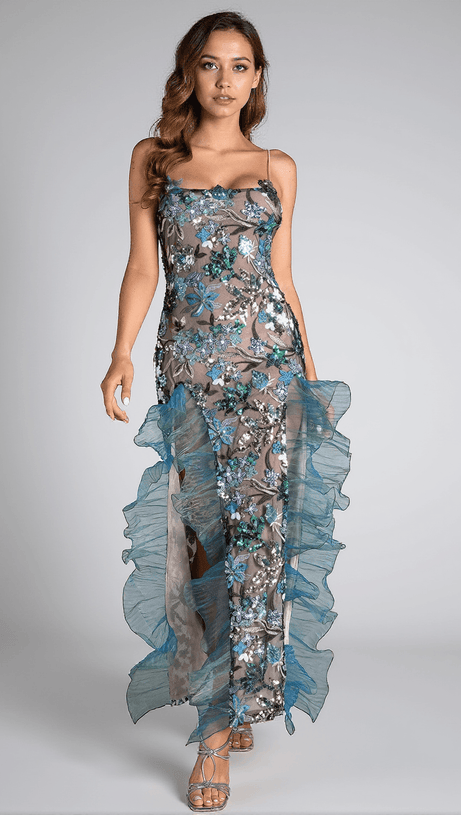 CELESTE FLORAL SEQUIN EMBROIDERED RUFFLE DRESS