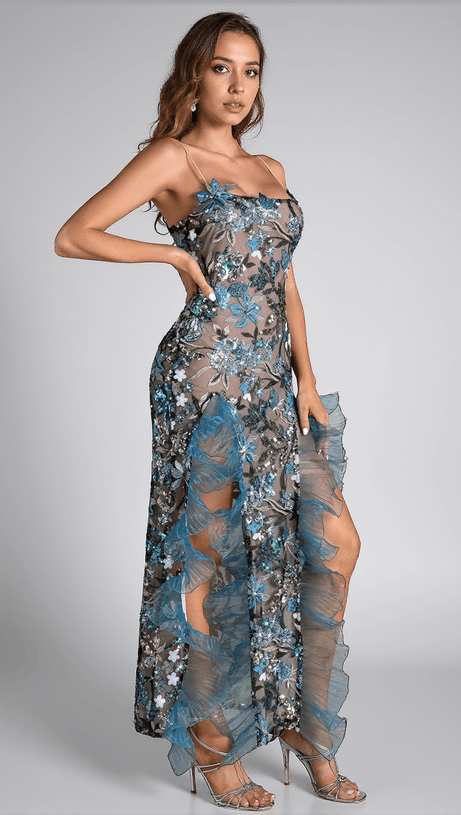 CELESTE FLORAL SEQUIN EMBROIDERED RUFFLE DRESS