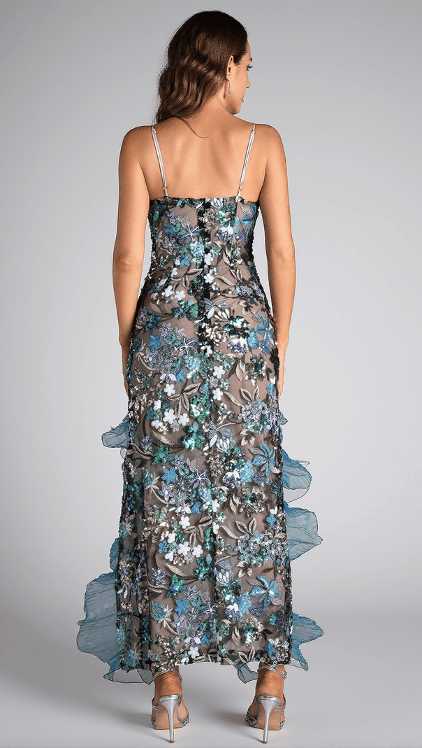 AIIZIE CELESTE FLORAL SEQUIN EMBROIDERED RUFFLE DRESS - product image