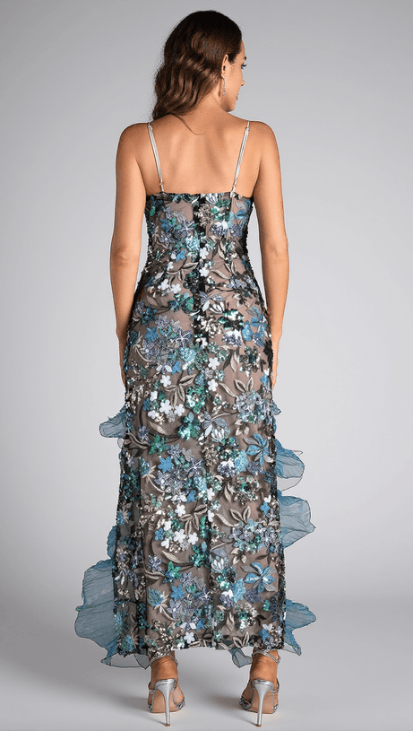 CELESTE FLORAL SEQUIN EMBROIDERED RUFFLE DRESS