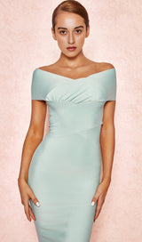 PISTACHIO OFF SHOULDER BANDAGE DRESS