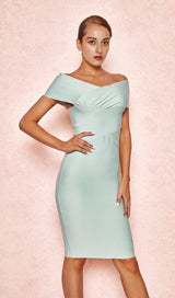 PISTACHIO OFF SHOULDER BANDAGE DRESS