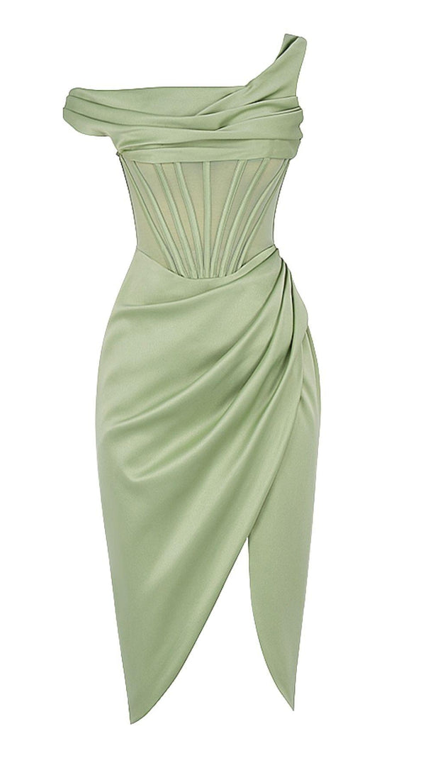 AIIZIE PISTACHIO ASYMMETRIC DRAPE MIDI CORSET DRESS - product image