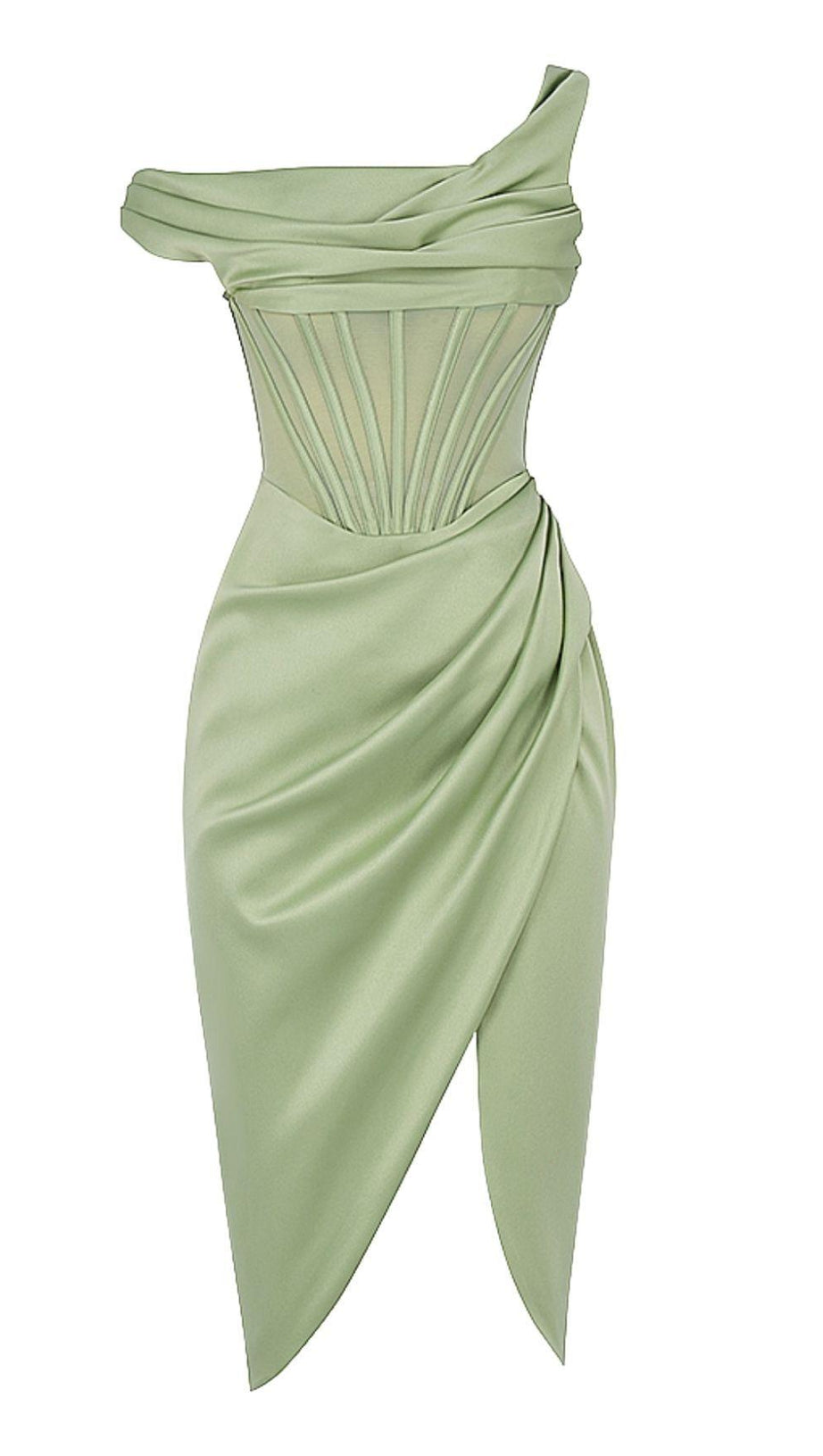 PISTAZIENBLAUES, ASYMMETRISCHES, DRAPIERTES MIDI-KORSETTKLEID
