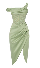 PISTACHIO ASYMMETRIC DRAPE MIDI CORSET DRESS