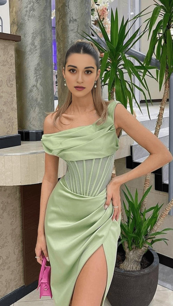 AIIZIE PISTACHIO ASYMMETRIC DRAPE MIDI CORSET DRESS - product image