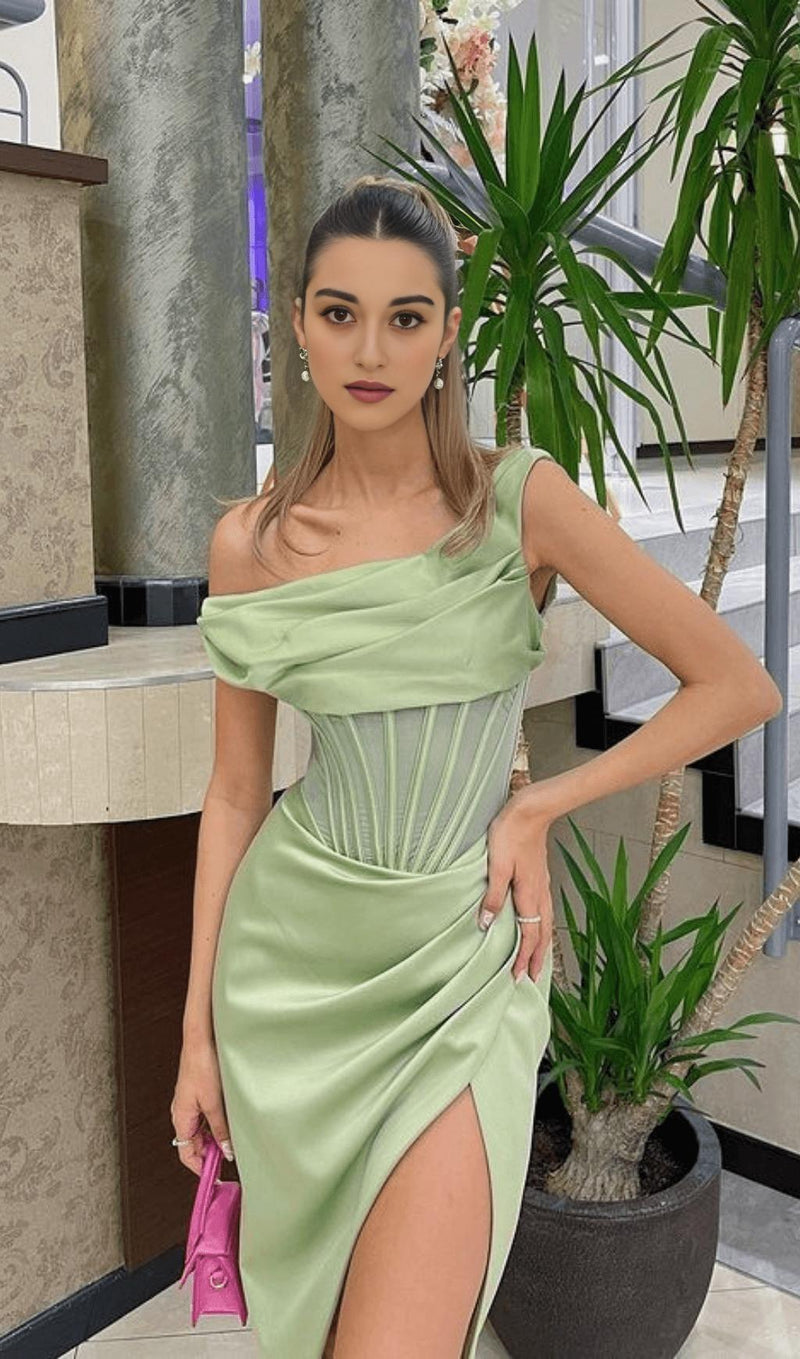 PISTACHIO ASYMMETRIC DRAPE MIDI CORSET DRESS