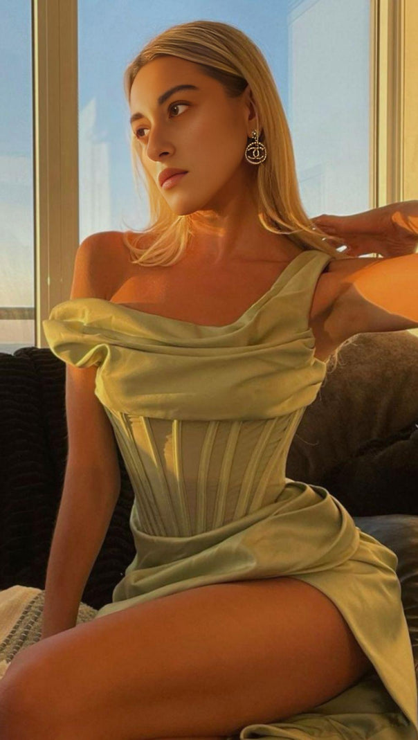 AIIZIE PISTACHIO ASYMMETRIC DRAPE MIDI CORSET DRESS - product image