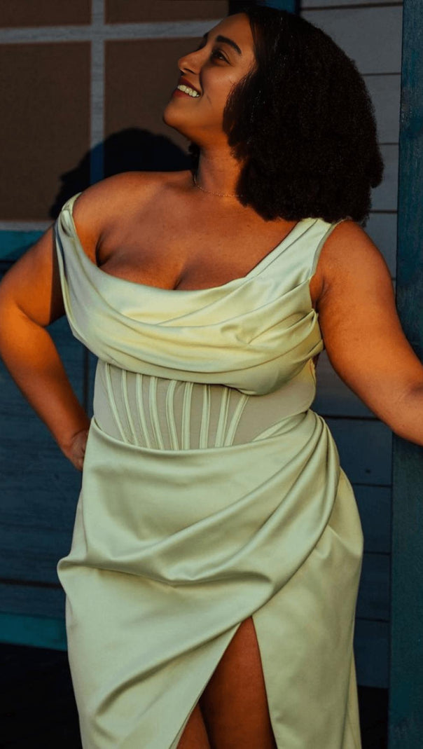 AIIZIE PISTACHIO ASYMMETRIC DRAPE MIDI CORSET DRESS - product image