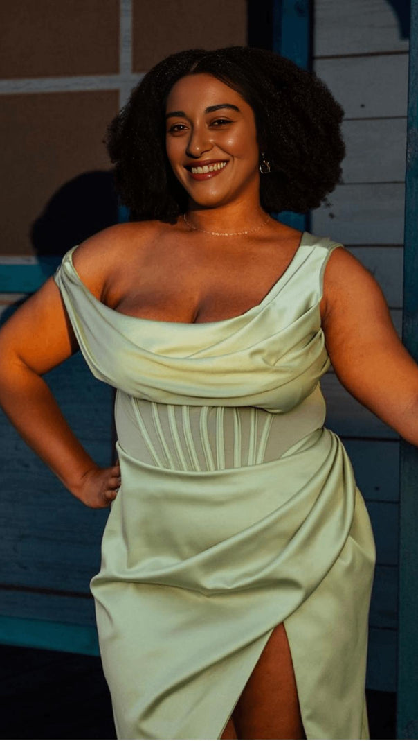 AIIZIE PISTACHIO ASYMMETRIC DRAPE MIDI CORSET DRESS - product image