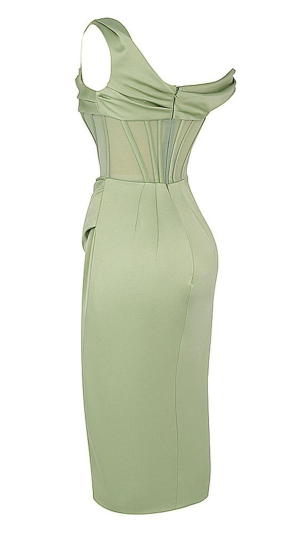 ABITO MIDI CON CORSETTO DRAPPEGGIATO ASIMMETRICO PISTACCHIO