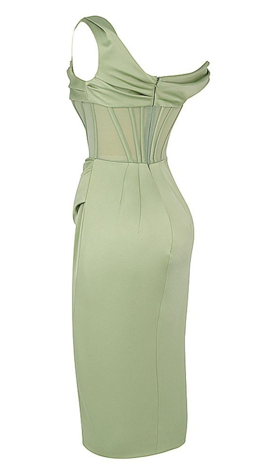 PISTACHIO ASYMMETRIC DRAPE MIDI CORSET DRESS