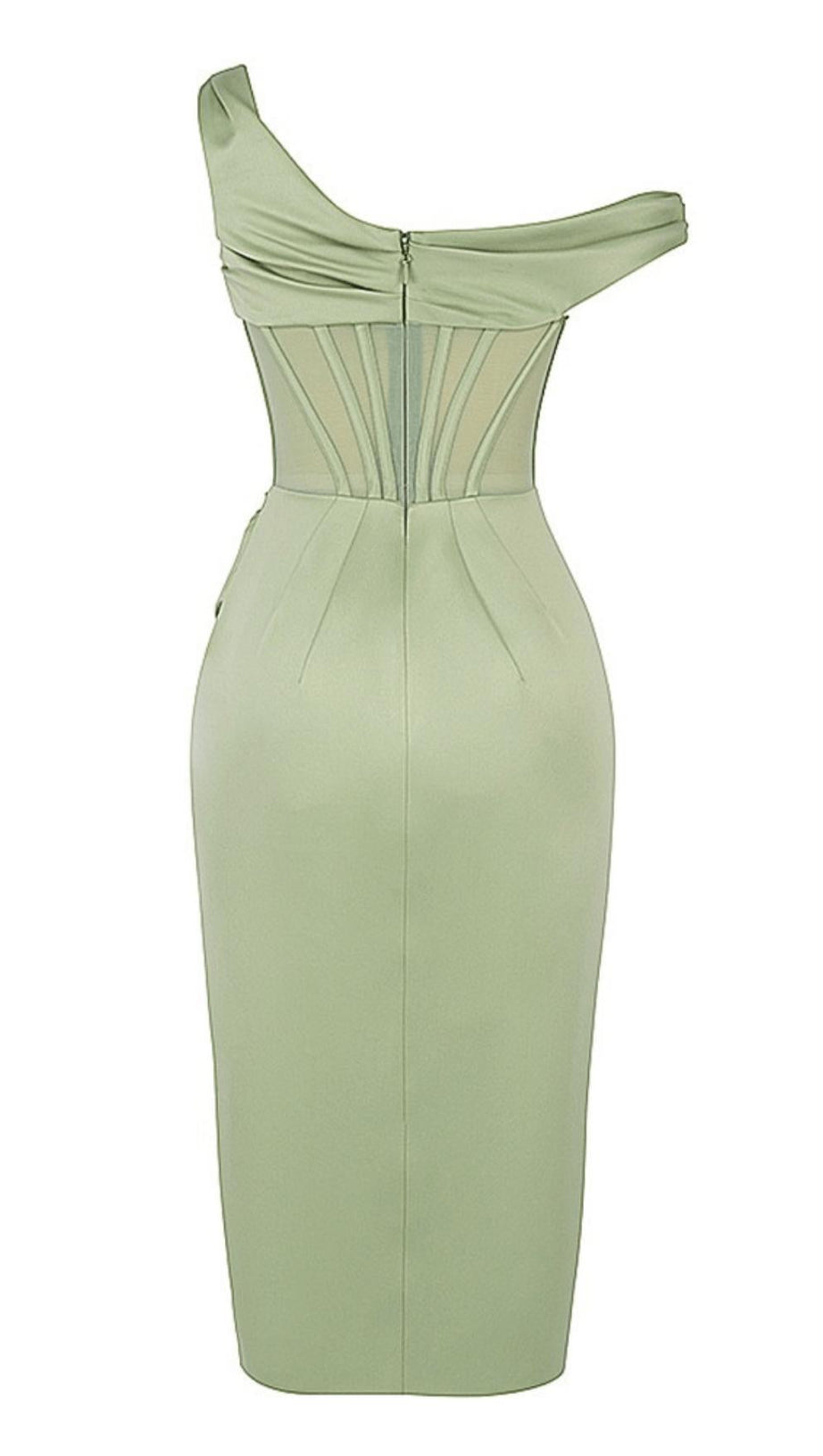 PISTACHIO ASYMMETRIC DRAPE MIDI CORSET DRESS