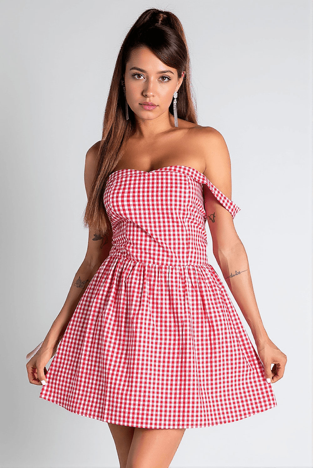 DOROTHEOS OFF SHOULDER PLAID MINI DRESS