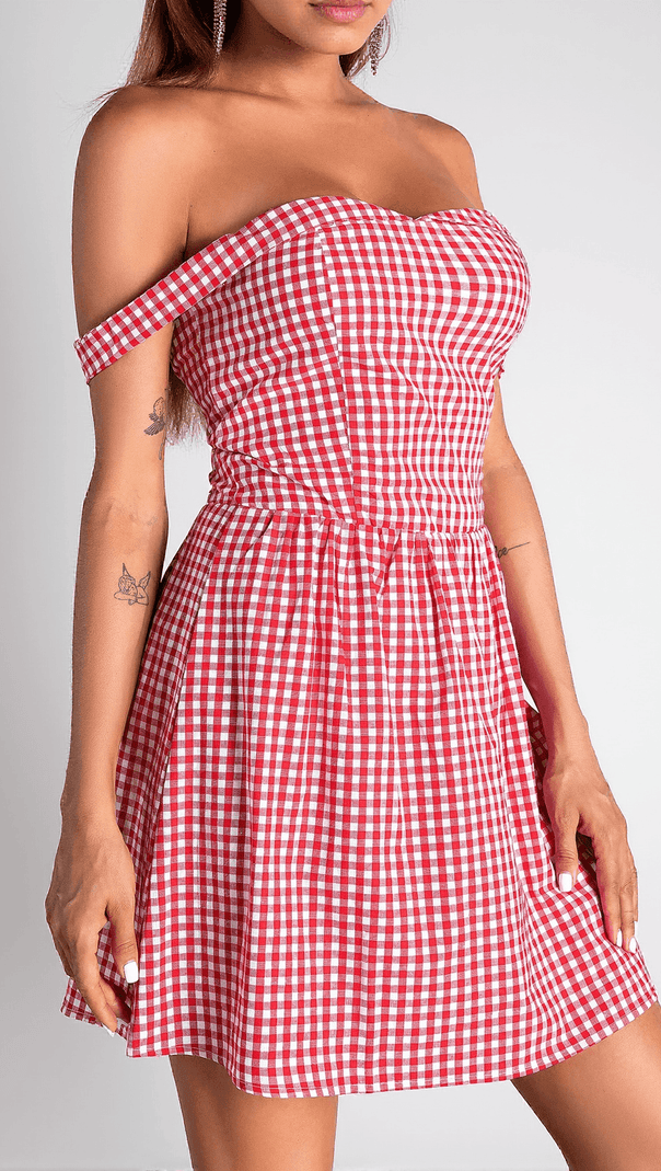 AIIZIE DOROTHEOS OFF SHOULDER PLAID MINI DRESS - product image