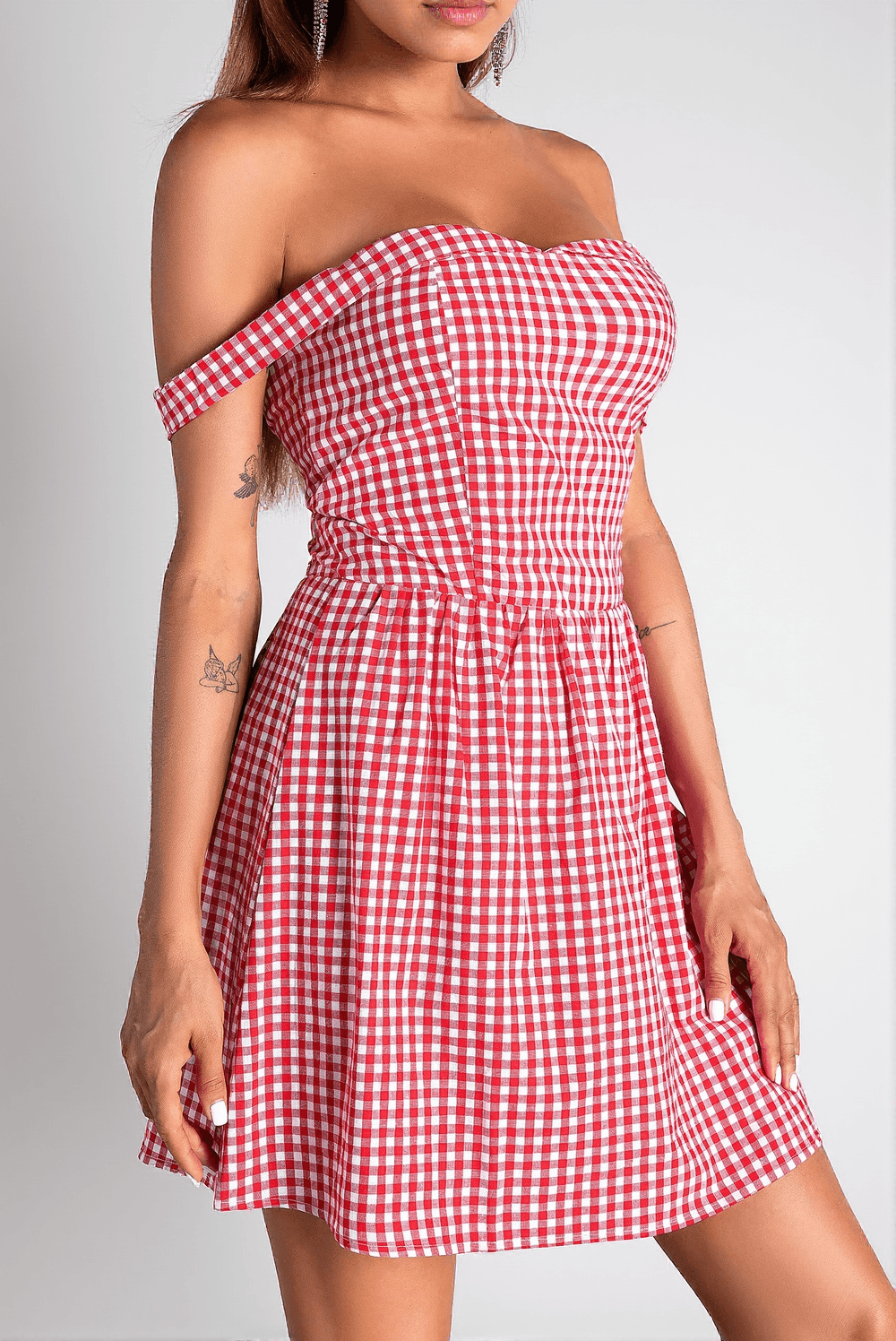 DOROTHEOS OFF SHOULDER PLAID MINI DRESS