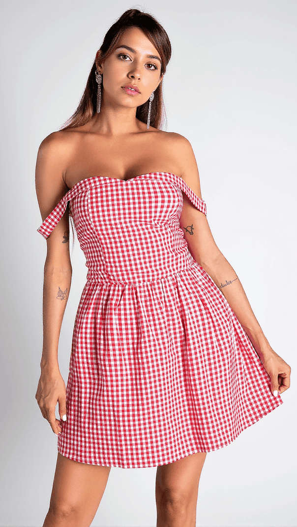 AIIZIE DOROTHEOS OFF SHOULDER PLAID MINI DRESS - product image