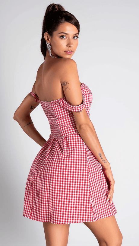 DOROTHEOS OFF SHOULDER PLAID MINI DRESS