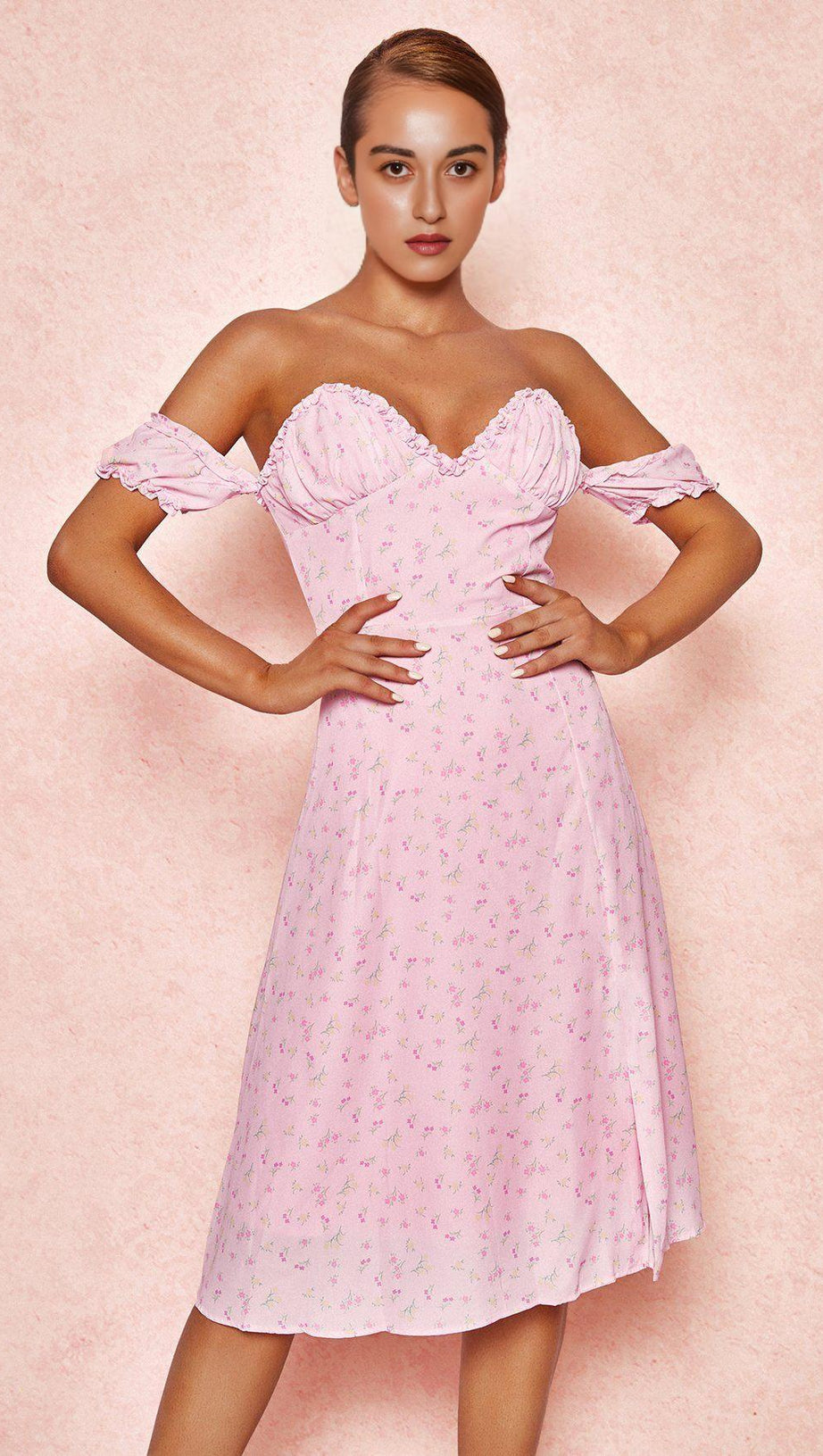 ABITO MIDI SENZA SPALLINE CON FIORI ROSA - SALDI 