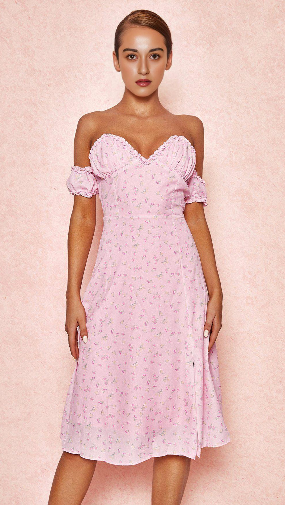 ABITO MIDI SENZA SPALLINE CON FIORI ROSA - SALDI 