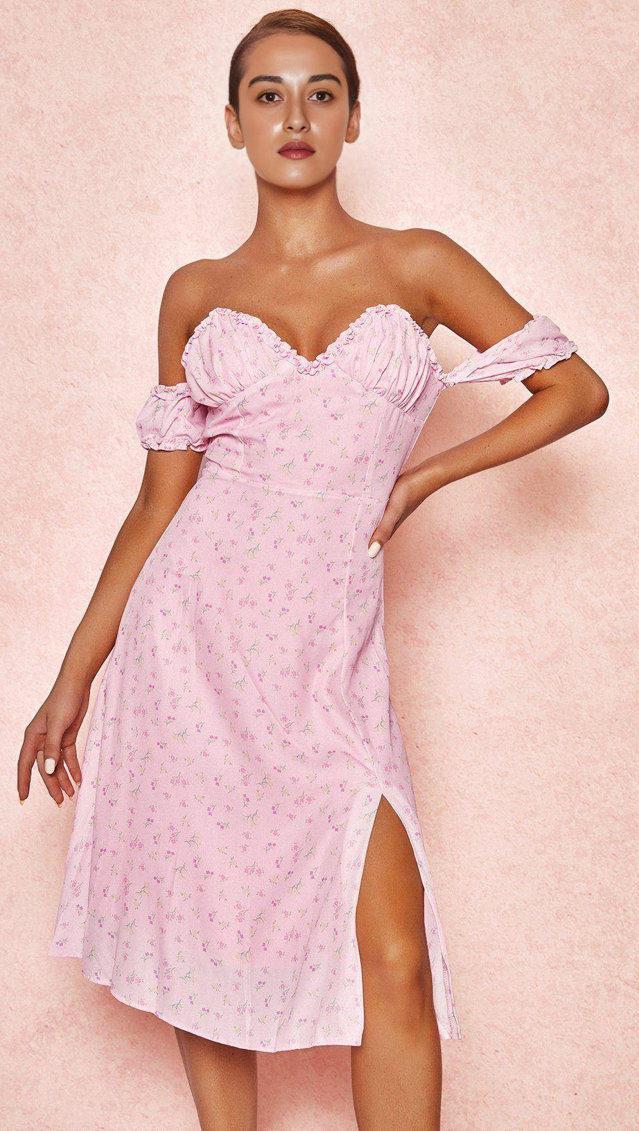 ABITO MIDI SENZA SPALLINE CON FIORI ROSA - SALDI 