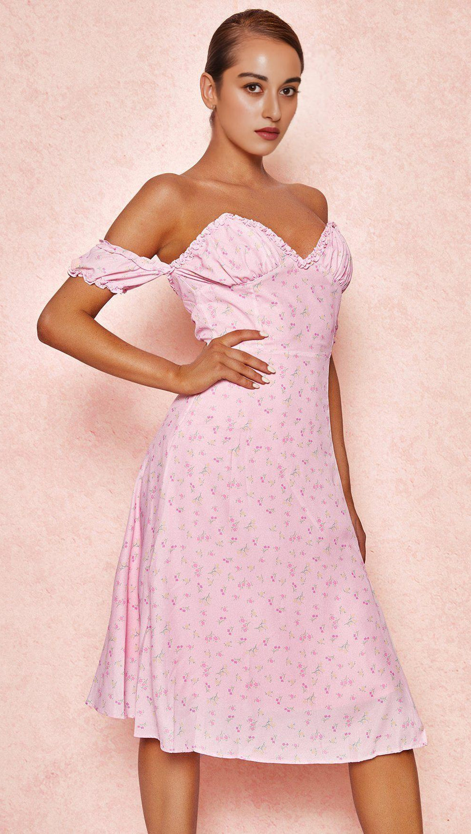 ABITO MIDI SENZA SPALLINE CON FIORI ROSA - SALDI 