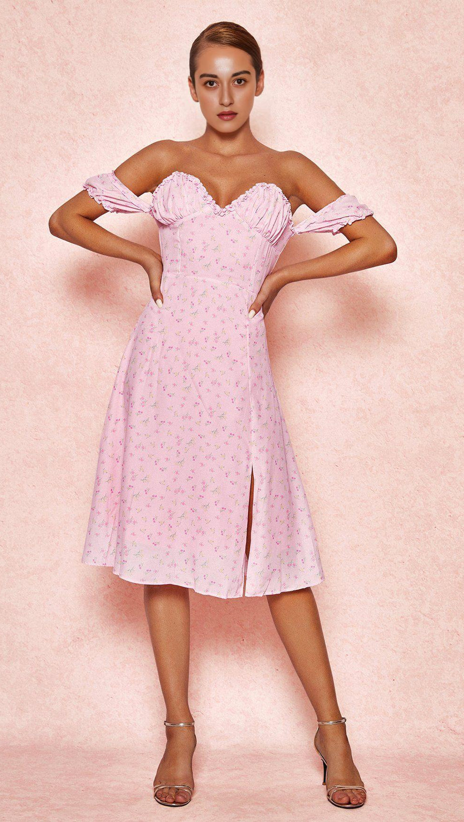 ABITO MIDI SENZA SPALLINE CON FIORI ROSA - SALDI 