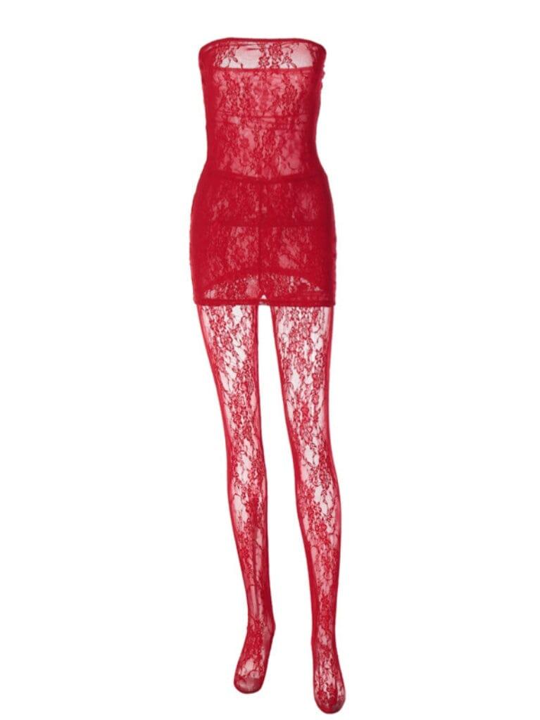 AIIZIE STRAPLESS LACE MINI DRESS IN RED - product image