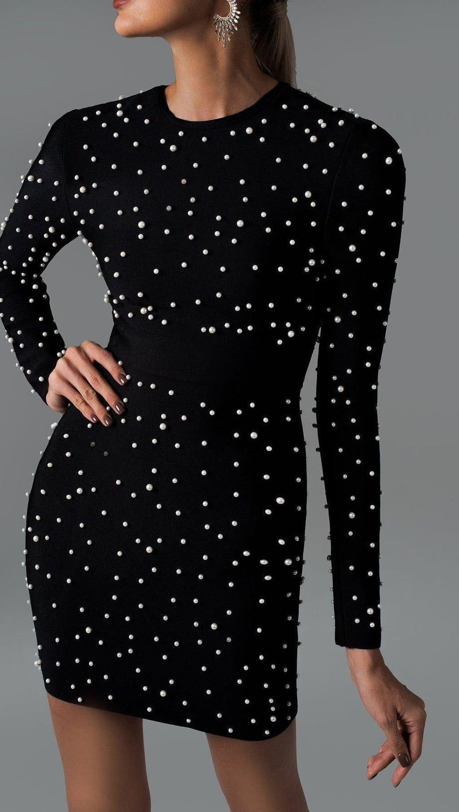 MINI ABITO BENDAGGIO A MANICHE LUNGHE CON PERLE