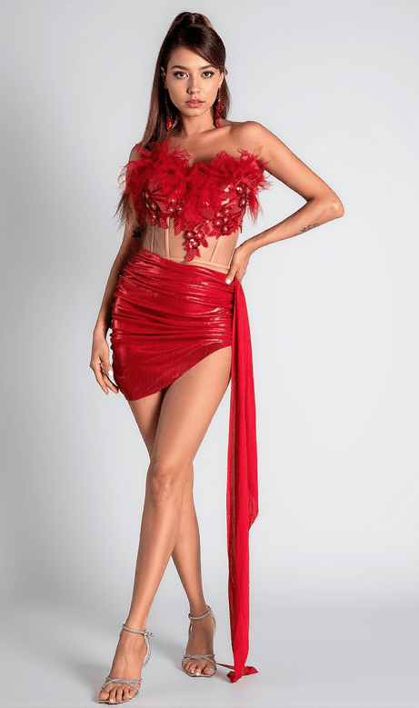 Set da 2 pezzi in pizzo metallizzato con corsetto di piume Pelagia