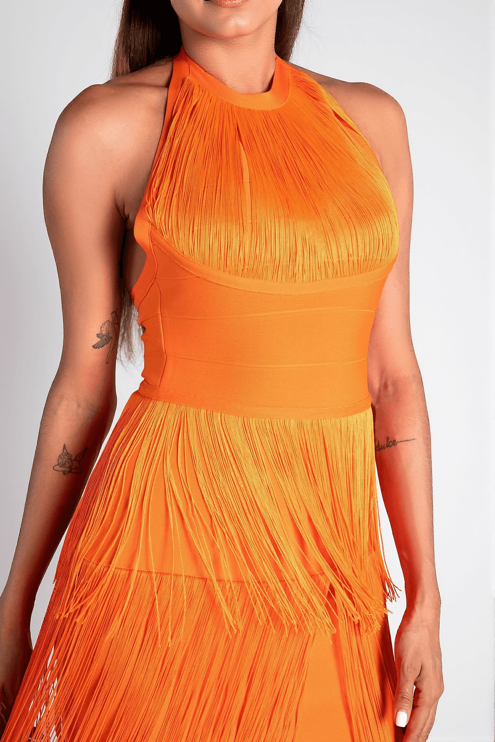 MONOTI HALTER FRINGE BANDAGE DRESS