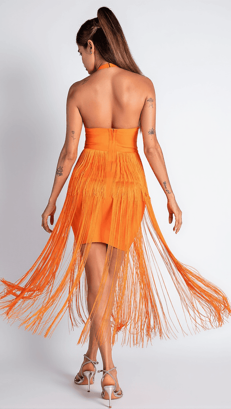 MONOTI HALTER FRINGE BANDAGE DRESS