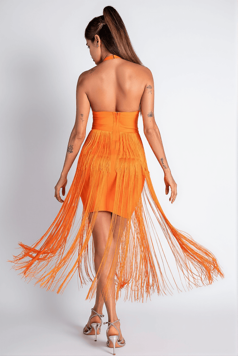 Monoti Halter Fringe Bandage Dress