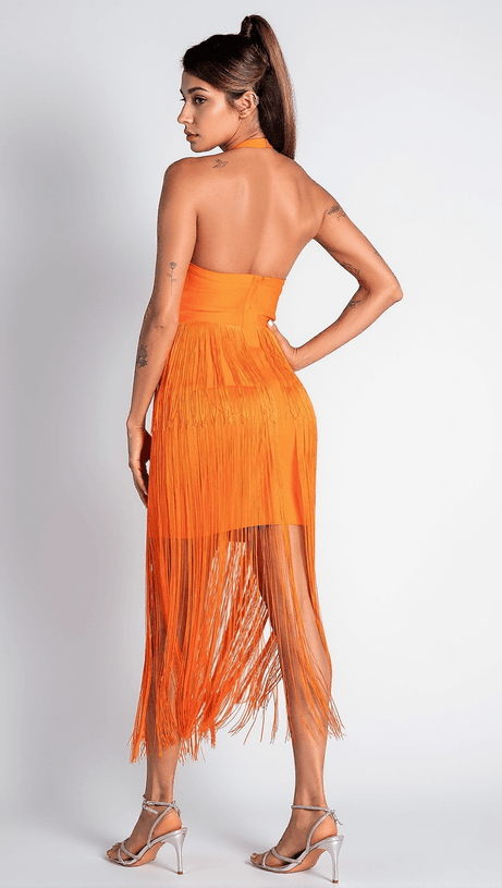 MONOTI HALTER FRINGE BANDAGE DRESS