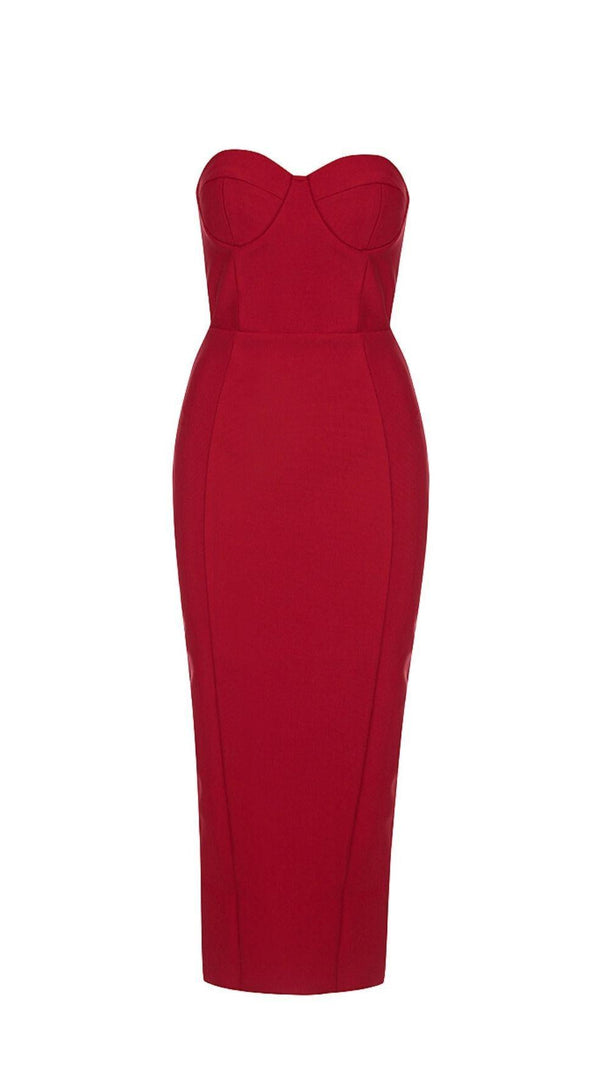 AIIZIE CUT OUT SPLIT STRAPLESS BANDAGE MIDI DRESS IN RED - product image