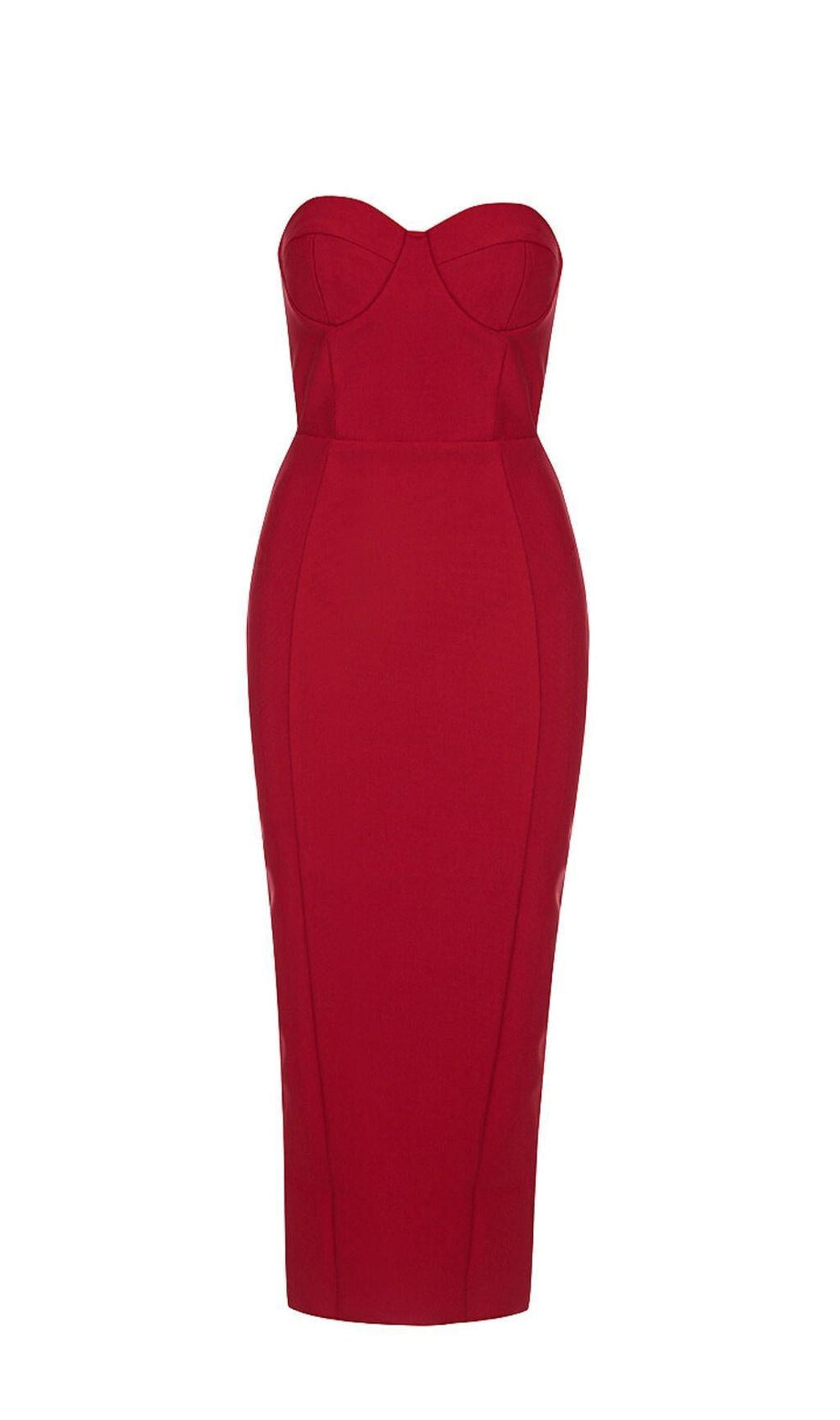 ABITO MIDI SENZA SPALLINE CON BENDAGGIO E SPACCHI IN ROSSO