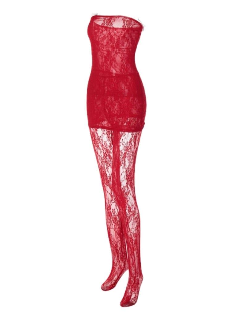 AIIZIE STRAPLESS LACE MINI DRESS IN RED - product image