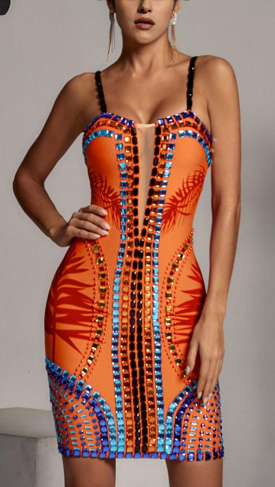 EMBELLISHMENT BANDAGE DRESS IN ORANGE