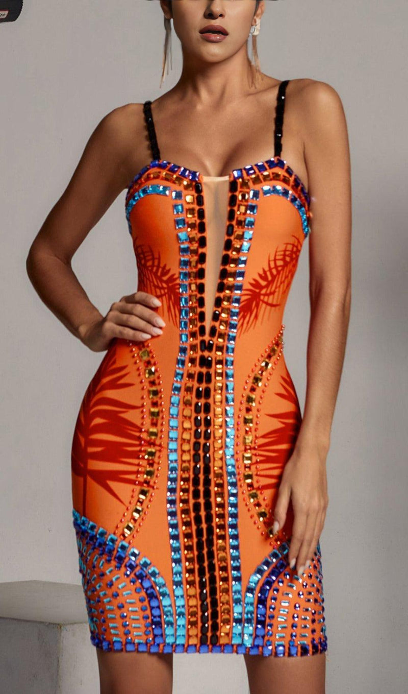 EMBELLISHMENT BANDAGE DRESS IN ORANGE