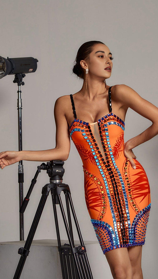 AIIZIE EMBELLISHMENT BANDAGE DRESS IN ORANGE - product image