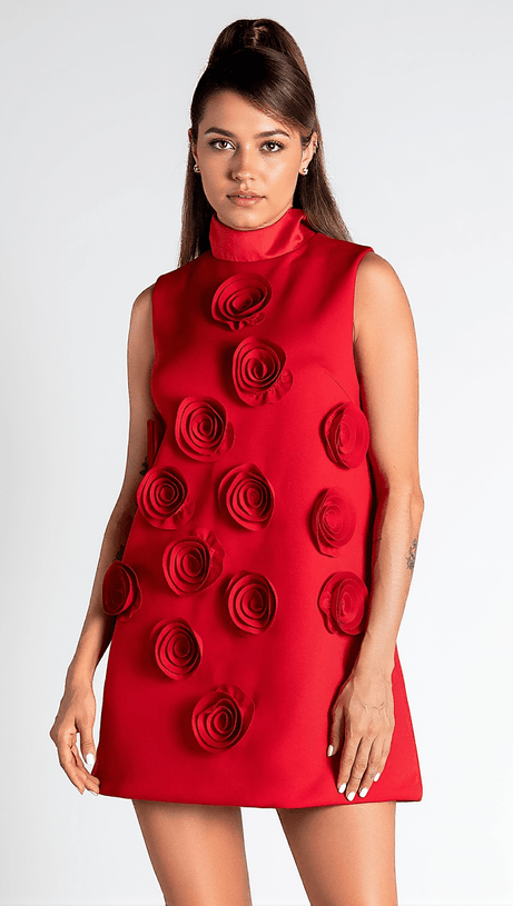 NONYAH HIGH NECK 3D FLOWER MINI DRESS