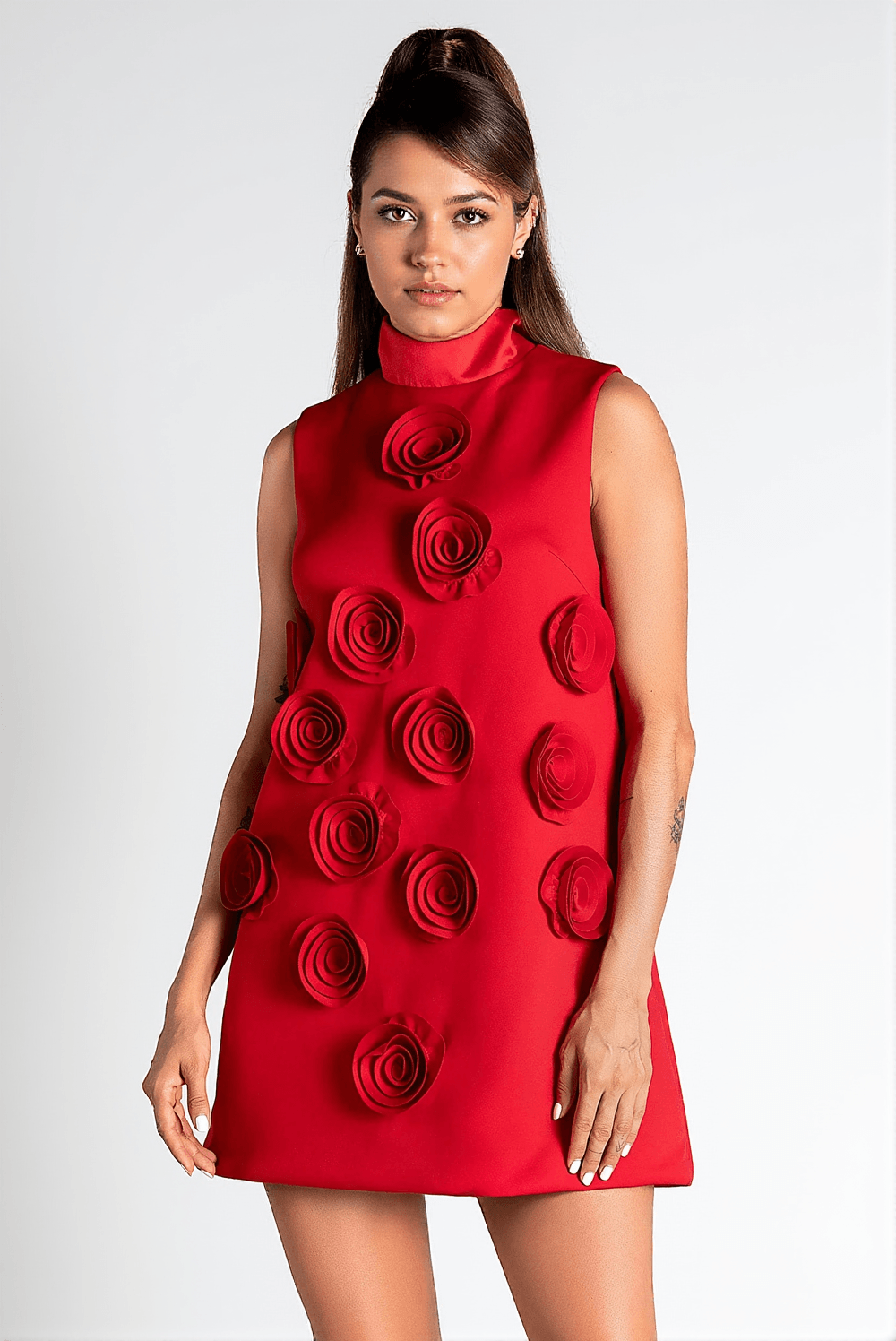 NONYAH HIGH NECK 3D FLOWER MINI DRESS