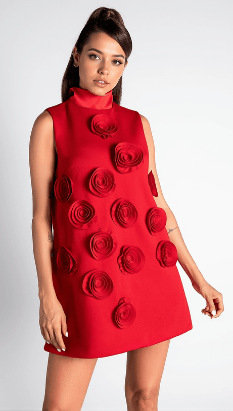 NONYAH HIGH NECK 3D FLOWER MINI DRESS