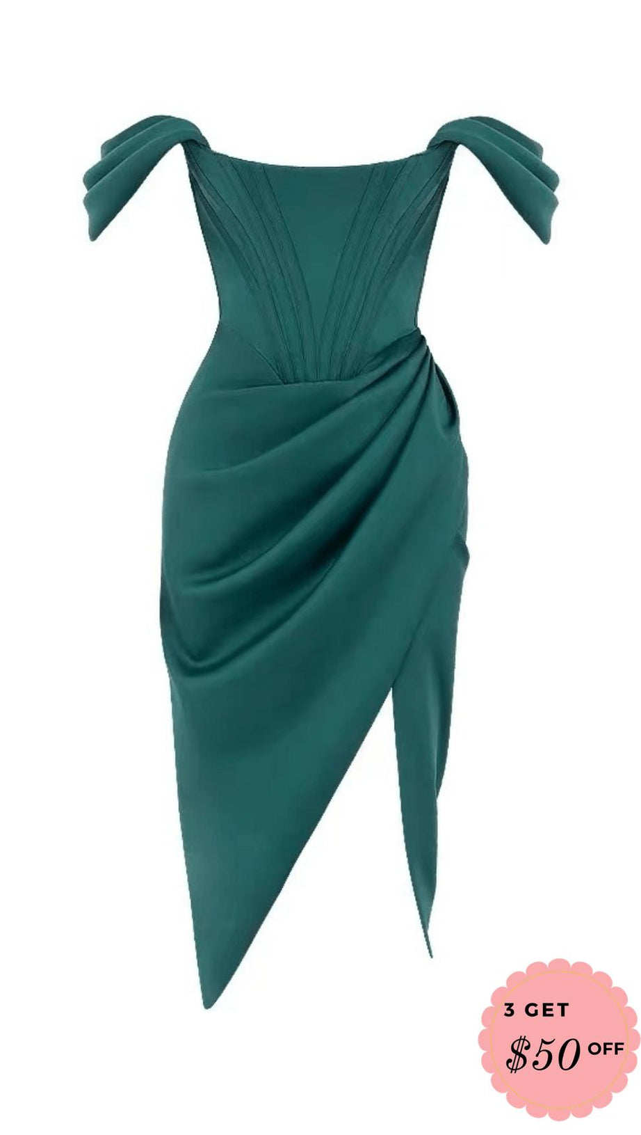 EMERALD STAIN STRAPLESS RUCHED MIDI DRESS