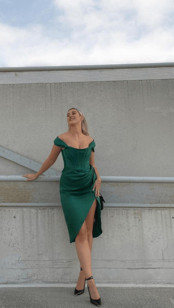 AIIZIE EMERALD STAIN STRAPLESS RUCHED MIDI DRESS - product image