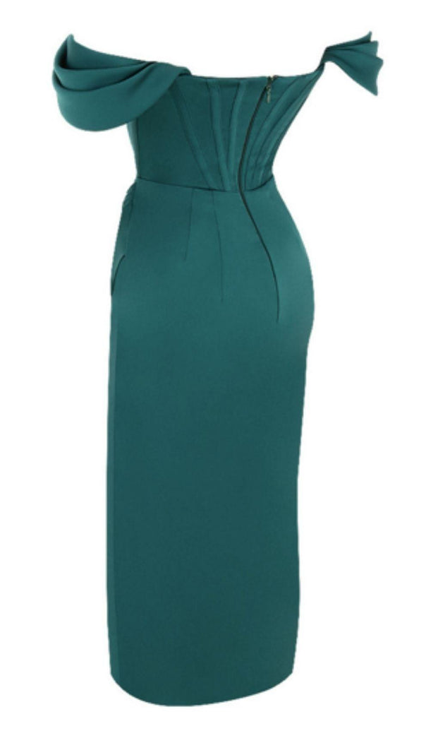 AIIZIE EMERALD STAIN STRAPLESS RUCHED MIDI DRESS - product image